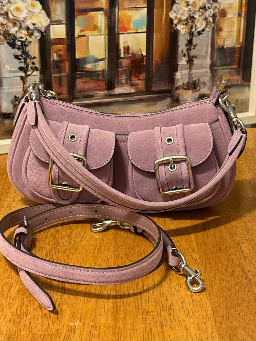 NWOT Coach Purple Suede Mini Shoulder Bag with Detachable Strap.